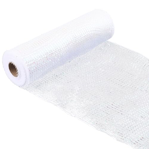 CABODYALS 23.77 m 260mm Weißes Netzband Auf Rolle Mit Silberfolie Metallisch Schillernd Dekorative Breite Netzstoffbänder Für Hochzeitskränze Blumensträuße Dekoration Geschenkverpackungen Heimwerkerbe von CABODYALS