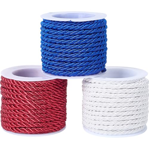 CABODYALS 3 Rolle 3mm Rot Weiß Blaues Nylonseil Elastisch Geflochten Dekorativer Weihnachtsfaden Satin Vintage Polyester Handfaden Bastelschnur Zum Nähen Basteln Heimdekorationen von CABODYALS