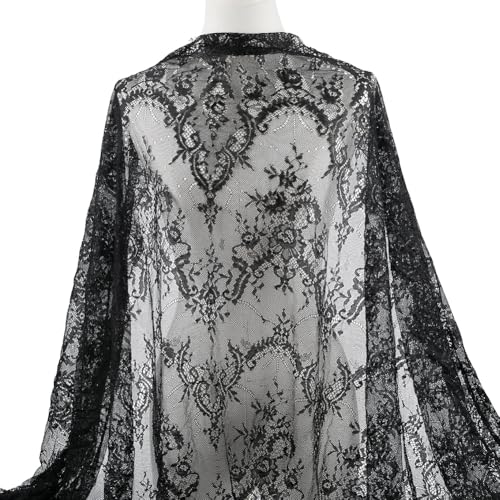 CABODYALS 3 m Schwarzer Netzstoff Mit Quasten Bestickter Seidenstoff Quadratisch Massives Spitzentuch Tüllstickerei Vintage Tuch Zum Nähen Herstellen von DIY Hochzeitstischkleidung Hintergrundzubehör von CABODYALS