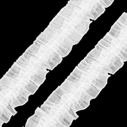 CABODYALS 3.66 m 75mm Breit Weißer Spitzenbesatz Mit Rüschen Perlen Faltiger Chiffonstoff Vintage 2 Lagig Doppelt Plissiert Bortenbänder Zum Nähen Herstellen von Hochzeiten Heimdekorationen Geschenkve von CABODYALS