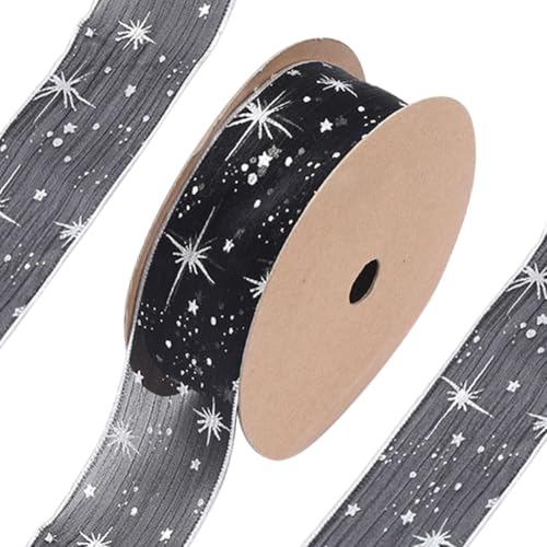 CABODYALS 36.5 m 25mm Schwarzes Durchsichtiges Band Für Geschenkpapier Sternband Sterne Transparentes Prägeband Aus Organza Chiffon Zum Nähen Basteln Verpacken von Geschenken DIY Weihnachtskleid Deko von CABODYALS