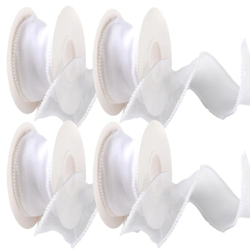 CABODYALS 4 Rolle 20 Yards Weißes Band Mit Perlen Brautperlen Durchsichtig Fischschwanz Chiffon Organza Besatz Bänder Mit Spule Zum Verpacken von Geschenken Hochzeitseinladungen Blumensträußen Weihnac von CABODYALS
