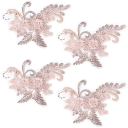 CABODYALS 4 Stück Rosa Bestickte Blumen Spitzen Applikation Zum Aufnähen Vintage 3D Blumen Künstliche Perlen Stoffflicken Stickapplikationen Zum Nähen von Kleidung Accessoires Kleidern Dekoration DIY von CABODYALS