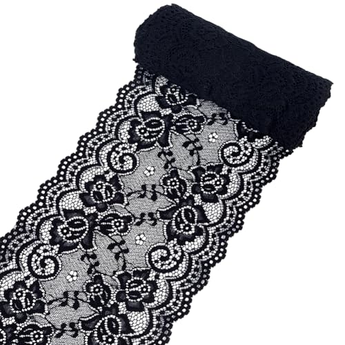 CABODYALS 4.57 m 16cm Schwarzes Spitzenband Auf Rolle Breit Gewelltes Polyester Stretch Elastikband Vintage Blumenmuster Dehnbarer Stoff Zum Nähen Basteln Kleider Kostüme Hochzeiten Tischdecken von CABODYALS