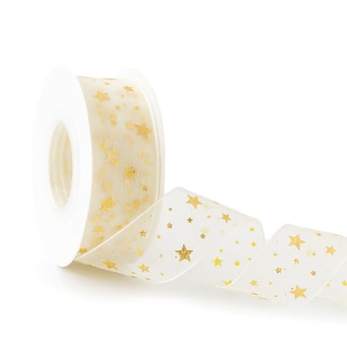 CABODYALS 40 Yards 25mm Goldenes Durchsichtiges Band Mit Sternbesatz Geschenkpapier Sternenband Schneegarn Pentagramm Transparentes Chiffonband Mit Spule Zum Nähen Basteln Geschenkverpackung DIY Weihn CABODYALS 40 Yards 25mm Goldenes Durchsichtiges Band Mit Sternbesatz Geschenkpapier Sternenband Schneegarn Pentagramm Transparentes Chiffonband Mit Spule Zum Nähen Basteln Geschenkverpackung DIY Weihn von CABODYALS
