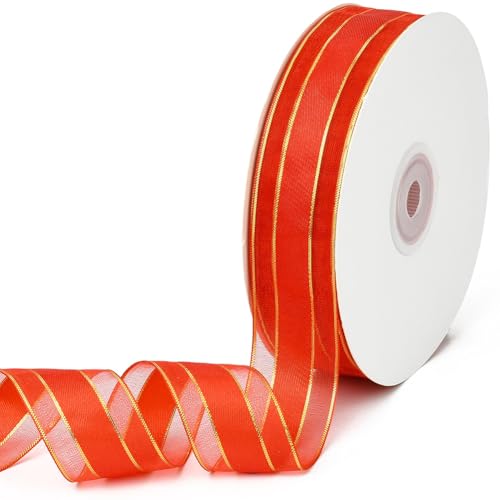 CABODYALS 45.72 m 25mm Rotes Und Goldenes Organzaband Weihnachtsband Goldener Rand Organza Transparentes Chiffon Geschenkband Besatz Zum Verpacken von Geschenken Basteln Kleiderkränzen Dekorationszube von CABODYALS