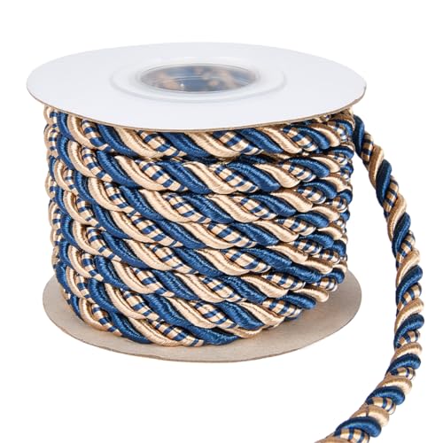 CABODYALS 8.5 m 8mm Blau Goldfarbene Flechtkordel Dekorative Schnur Geflochtenes Polyester Seidenseil Weihnachtsfaden Satinkordel Zum Nähen Herstellen von Armbändern Basteln Polstern Halsketten Heimw von CABODYALS