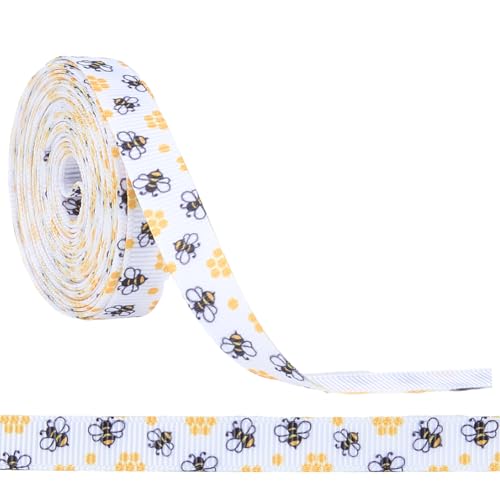 CABODYALS 9.14m Bienendruck Dekoband Geschenkband Weiß Gelb Dünn Federdruckband Polyester Ostern Stoffbänder Bienenmuster Ripsband Stoffband Großrolle Zum Nähen Basteln Geschenkverpackung Partydeko von CABODYALS