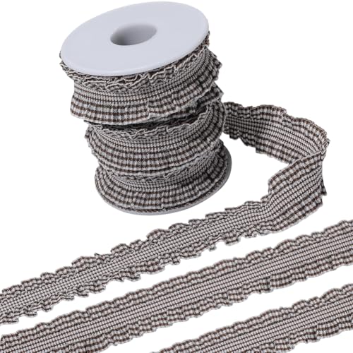 CABODYALS 9.14 m 25mm Braunees Gingham Band Mit Leeren Spulen Kariert Gerafft Plissiert Rüschen Vintage Stoffbesatz Zum Nähen Herstellen von Kleidern Kragenmanschetten Florale Heimdekoration DIY Baste von CABODYALS