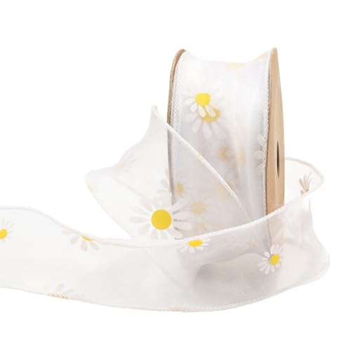 CABODYALS 9.14 m 40mm Weißes Gänseblümchenband Organzaband Mit Blumenmuster Transparente Durchsichtige Bänder In Großpackung Mit Spule Zum Nähen Basteln Geschenkverpackung Geburtstag Hochzeit DIY Zub von CABODYALS