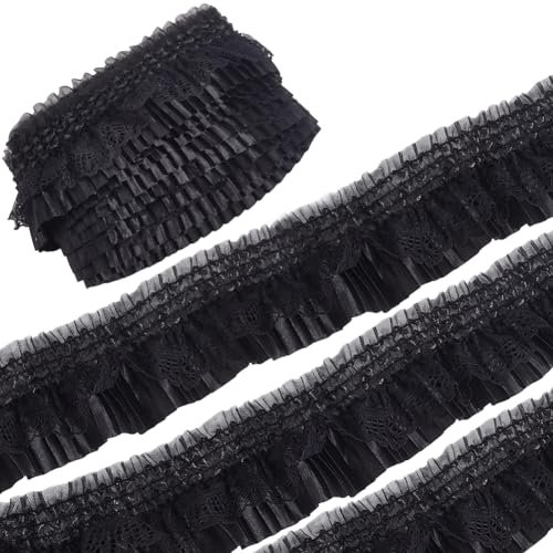 CABODYALS 9.14 m Schwarzer Spitzenbesatz Mit Rüschen Elastisches Satinband Mehrlagiges Band Plissierter Rand Vintage Applikation Aus Gerafftem Netz Bestickte Blumenbesätze Zum Nähen Herstellen von Bra CABODYALS 9.14 m Schwarzer Spitzenbesatz Mit Rüschen Elastisches Satinband Mehrlagiges Band Plissierter Rand Vintage Applikation Aus Gerafftem Netz Bestickte Blumenbesätze Zum Nähen Herstellen von Bra von CABODYALS