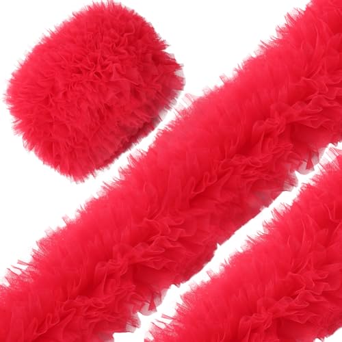 CABODYALS {91)3cm 7 Lagiges Rotes Spitzenbordürenband Plisseeband Polyester Organza Doppelter Rüschenstoff Pom Pom Band Zum Nähen Herstellen von Geschenkverpackungen DIY Weihnachtskleider Hochzeitsde von CABODYALS