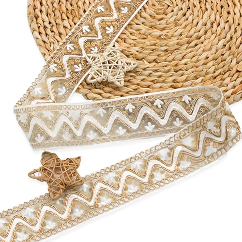 CABODYALS {91}10cm Langes Spitzenband Mit Goldenen Pailletten Stickerei Paillettenband Weißes Organza Metallic Vintage Band Mit Transparentem Perlenrand Zum Nähen Basteln Verpacken Hochzeit Weihnachts von CABODYALS