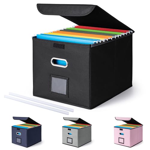 CADONO Aktenordner mit Deckel, großer Hängeregistratur-Organizer mit Kunststoffschieber, zusammenklappbar, tragbar, Aufbewahrungsboxen für Büro/Dekor/Zuhause (schwarz, 37,8 x 32 x 27,4 cm) von CADONO