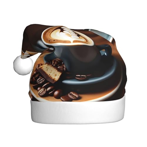 CADREWY Festliche Weihnachtsmütze für Erwachsene, Unisex, mit Kaffee-Aufdruck, Weihnachtsmannmütze mit Weihnachtsfeier-Dekor von CADREWY