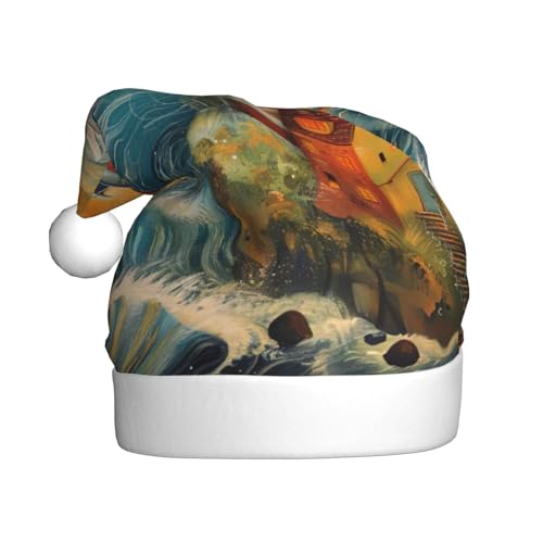 CADREWY Festliche Weihnachtsmütze mit Leuchtturm-Aufdruck für Erwachsene, Unisex, Weihnachtsmannmütze mit Weihnachtsfeier-Dekoration von CADREWY