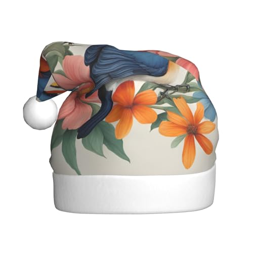 CADREWY Festliche Weihnachtsmütze mit Vögeln und Blumen, Schmetterlings-Aufdruck, für Erwachsene, Unisex, Weihnachtsmann-Mütze mit Weihnachtsfeier-Dekoration von CADREWY