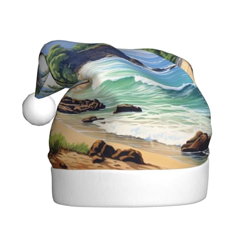 CADREWY Hawaiianischer Strand mit Palmen-Druck, festliche Weihnachtsmannmütze für Erwachsene, Unisex, Weihnachtsmannmütze mit Weihnachtsfeier-Dekoration von CADREWY