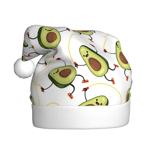 CADREWY Lustige Cartoon-Avocado-Druck, festliche Weihnachtsmannmütze für Erwachsene, Unisex, Weihnachtsmann-Mütze mit Weihnachtsfeier-Dekoration von CADREWY