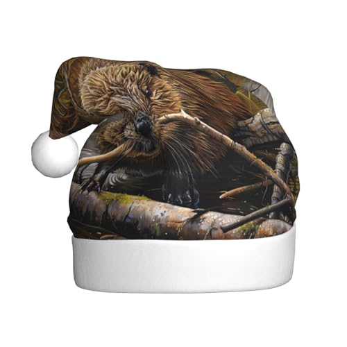 CADREWY Weihnachtsmütze mit Biber-Aufdruck, festliche Weihnachtsmütze für Erwachsene, Unisex, Weihnachtsmannmütze mit Weihnachtsfeier-Dekoration von CADREWY
