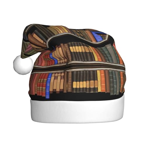 CADREWY Weihnachtsmütze mit Bücherregaldruck, für Erwachsene, Unisex, Weihnachtsmannmütze mit Weihnachtsfeier-Dekoration von CADREWY