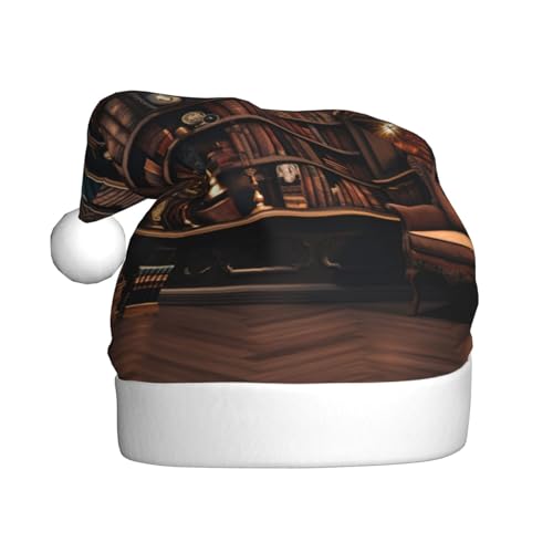 CADREWY Weihnachtsmütze mit Bücherregaldruck, für Erwachsene, Unisex, Weihnachtsmannmütze mit Weihnachtsfeier-Dekoration von CADREWY
