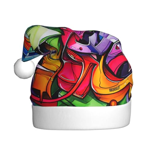 CADREWY Weihnachtsmütze mit Graffiti-Zeichnungsdruck, festliche Weihnachtsmannmütze für Erwachsene, Unisex, Weihnachtsmannmütze mit Weihnachtsfeier-Dekor von CADREWY