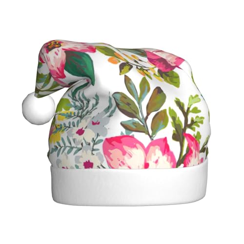 CADREWY Weihnachtsmütze mit Hibiskusblumen-Aufdruck, festliche Weihnachtsmannmütze für Erwachsene, Unisex, Weihnachtsmannmütze mit Weihnachtsfeier-Dekor von CADREWY