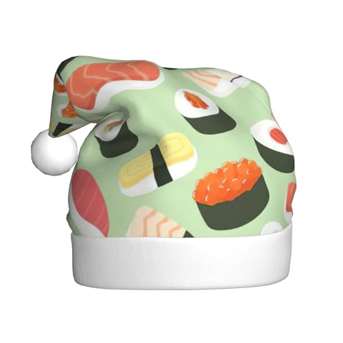 CADREWY Weihnachtsmütze mit Sushi-Essens-Muster, für Erwachsene, Unisex, Weihnachtsmannmütze mit Weihnachtsfeier-Dekoration von CADREWY