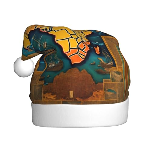 CADREWY Weihnachtsmütze mit abstraktem Weltkarten-Druck, festliche Weihnachtsmütze für Erwachsene, Unisex, Weihnachtsmannmütze mit Weihnachtsfeier-Dekoration von CADREWY