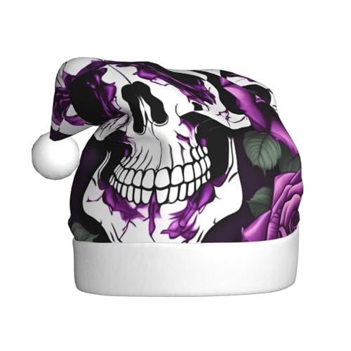 CADREWY Weihnachtsmütze mit violettem Rosen-Skelett-Druck, für Erwachsene, Unisex, Weihnachtsmannmütze mit Weihnachtsfeier-Dekoration von CADREWY