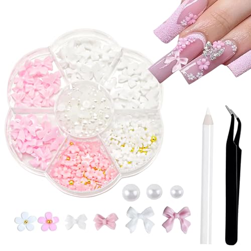 1 Set Rosa Nail Charms,Charms Nägel,3D-Blumen-Nagelanhänger Und Perlen,Schleife Nagel Dekoration,Weiße Bogenknoten Nails Deko,Für Damen Frauen Valentinstag Nageldekoration Accessoires (Mit Werkzeug) 1 Set Rosa Nail Charms,Charms Nägel,3D-Blumen-Nagelanhänger Und Perlen,Schleife Nagel Dekoration,Weiße Bogenknoten Nails Deko,Für Damen Frauen Valentinstag Nageldekoration Accessoires (Mit Werkzeug) von CAIKAILIOR