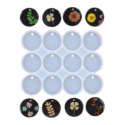 12 Stück Epoxidharz Formen Silikon,Schmuck Silikon Gießform,Schlüsselanhänger Anhänger Diy Set Silikonformen Epoxidharz mit Loch,Rund Silicone Mold,für Halskette Schlüsselbund Basteln Gießformen von CAIKAILIOR