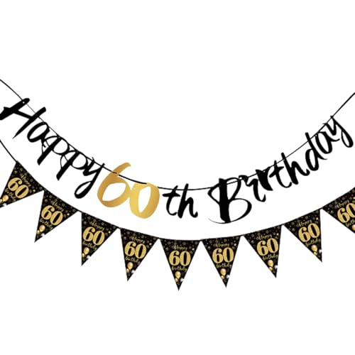 2 Stück Deko 60 Geburtstag Banner Mädchen Junge,Schwarz Gold Deko 60. Geburtstag,Happy 18th Birthday Geburtstagsbanner,Party Wimpelkette Dekorationen,für Junge Mädchen Geburtstagsdeko (60) von CAIKAILIOR