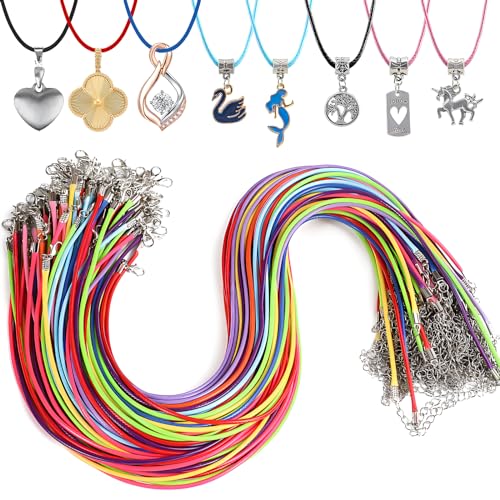 Lederband für ketten,Schmuckband Kette,Geflochtene Gewachste Halskette mit Karabinerverschluss,13 Farben Lederkette mit verschluss für Halskette Armband Schmuckherstellung(2mm,Mischfarbe,50 Stück) von CAILI