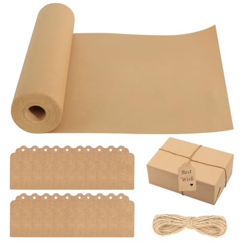 Braun Packpapier Kraftpapier Rolle, 30cm x 30 m Packpapier rolle Kraftpapierrolle mit 20 M Schnur 100 Karten, Geschenkpapier Geschenkverpackung Verpackung für Kunsthandwerk Geschenk von CAINCAY