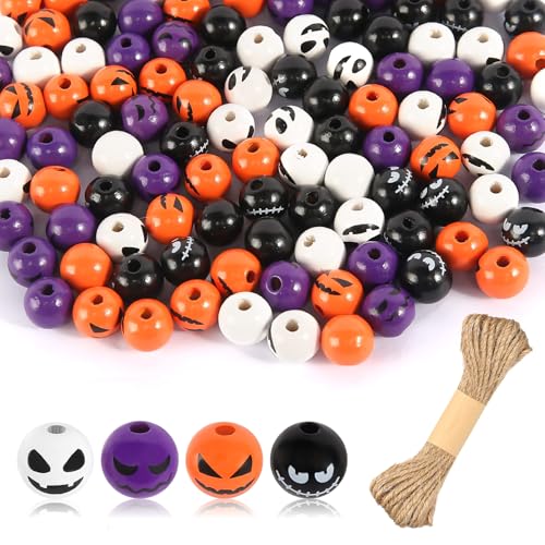 CAINCAY Halloween Holzperlen für Armbänder, 120 Stück 16mm Perlen zum Basteln Holzperlen mit Gesicht, Holzkugeln Armband PerlenHolzperlen mit Loch für DIY Handwerk CAINCAY Halloween Holzperlen für Armbänder, 120 Stück 16mm Perlen zum Basteln Holzperlen mit Gesicht, Holzkugeln Armband PerlenHolzperlen mit Loch für DIY Handwerk von CAINCAY