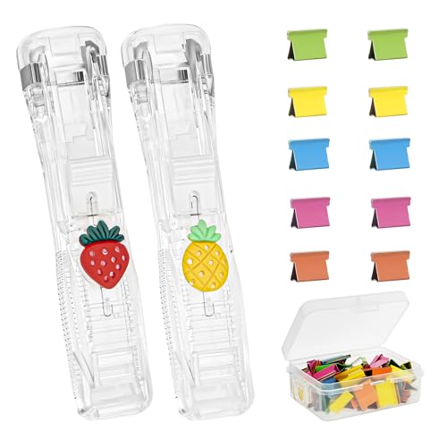 CAIRIAC Clam Clip-Spender, Kunststoff-Hefter, Büroklammer-Spender, Schreibtischhefter mit kleinen, mehrfarbigen Binder-Clips, 50 Stück (2 Stück Erdbeere + Ananas) von CAIRIAC
