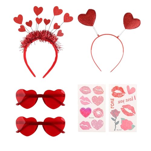 6 Stück Rotes Herz Haarreif Amor Kostüm Damen - Love spalmen-Stirnband mit Herzbrille - Aufkleber Gesicht Tattoos für Valentinstag - Perfekt für Valentinstag, Karneval und Partys von CAISYE