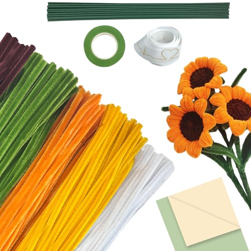 210 Stück Pfeifenreiniger-Blumen-DIY-Set Sonnenblumen-Blumenstrauß inkl. Blumendraht, Band, Geschenkpapier – Perfekt für Feriendekoration & Eltern-Kind-Aktivitäten (Gelb) von CAIXIANGYU
