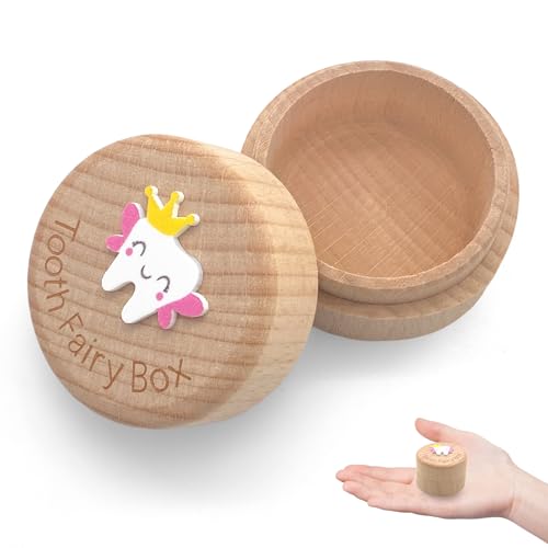 CAIXIANGYU Holz-Milchzahnbox für Jungen & Mädchen Aufbewahrung für Milchzähne, Geschenk zur Taufe/Geburtstag & Andenken an die Zahnfee (Kronen) von CAIXIANGYU