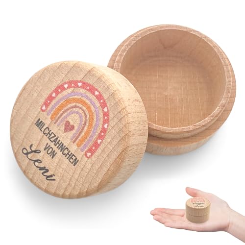 CAIXIANGYU Holz-Milchzahnbox für Jungen & Mädchen Aufbewahrung für Milchzähne, Geschenk zur Taufe/Geburtstag & Andenken an die Zahnfee (Regenbögen) von CAIXIANGYU