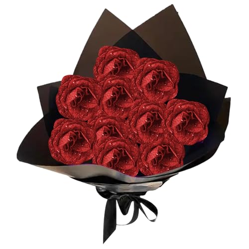 CAKEEYUM Glitzerrosen Bouquet, 1 Set, realistisches künstliches Rosenbouquet, Set enthält 10 Rosen, 10 Stiele, 2 Geschenkpapiere und 2 Bänder. Romantischer Blumenstrauß mit ewiger Blüte für Hochzeit von CAKEEYUM