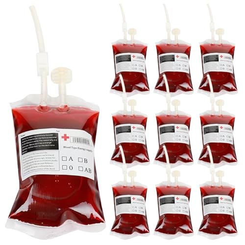 CAKEEYUM Halloween-Blutbeutel, 10 Wiederverwendbare Getränkebeutel (350 ml) mit Spritze und Etiketten, Vampir-Dekor, lustige Halloween-Requisiten für Cosplay-Kostüme, Krankenschwester von CAKEEYUM