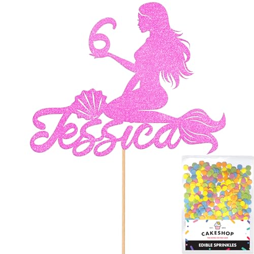 Cakeshop Geburtstagskuchendekoration mit Glitzer, personalisierbar mit jedem Namen und jedem Alter, Meerjungfrauen-Kuchendekoration zum 1., 2., 3., 4., 5., 6., 7., 8., 9., 10., 16., 18., Babyrosa Cakeshop Geburtstagskuchendekoration mit Glitzer, personalisierbar mit jedem Namen und jedem Alter, Meerjungfrauen-Kuchendekoration zum 1., 2., 3., 4., 5., 6., 7., 8., 9., 10., 16., 18., Babyrosa von CAKESHOP edible cake toppers EST. 2012