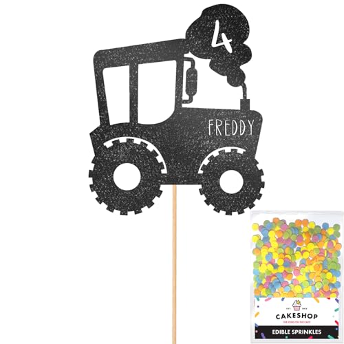Cakeshop Tortenaufsatz, Motiv: Traktor, personalisierbar, Schwarz mit jedem Alter und Namen, glitzernde Kuchendekoration und Streusel, Happy Birthday Dekorationen, personalisierbar Cakeshop Tortenaufsatz, Motiv: Traktor, personalisierbar, Schwarz mit jedem Alter und Namen, glitzernde Kuchendekoration und Streusel, Happy Birthday Dekorationen, personalisierbar von CAKESHOP edible cake toppers EST. 2012
