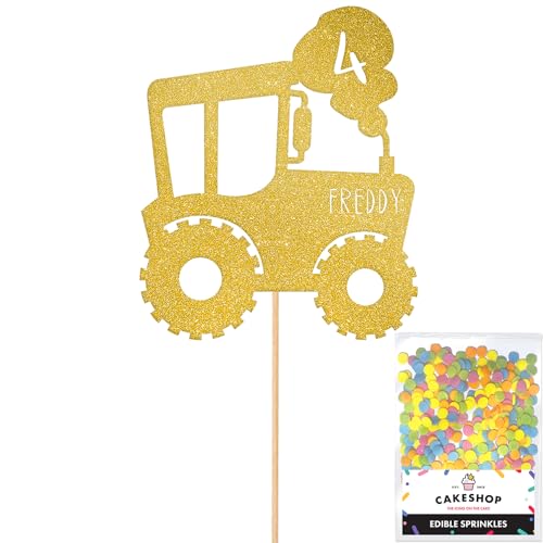 Cakeshop Tortenaufsatz, Motiv: Traktor, personalisierbar, goldfarben, jedes individuelle Alter und Namen, glitzernde Kuchendekoration und Streusel, Happy Birthday Dekorationen, personalisierbar Cakeshop Tortenaufsatz, Motiv: Traktor, personalisierbar, goldfarben, jedes individuelle Alter und Namen, glitzernde Kuchendekoration und Streusel, Happy Birthday Dekorationen, personalisierbar von CAKESHOP edible cake toppers EST. 2012