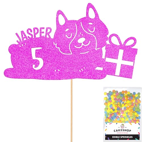 Cakeshop Tortenaufsatz mit Hunde-Terrier-Motiv, personalisierbar, Rosa mit Namen und Alter, glitzernde Kuchendekoration und Streusel, Happy Birthday Dekorationen, personalisierbar Cakeshop Tortenaufsatz mit Hunde-Terrier-Motiv, personalisierbar, Rosa mit Namen und Alter, glitzernde Kuchendekoration und Streusel, Happy Birthday Dekorationen, personalisierbar von CAKESHOP edible cake toppers EST. 2012