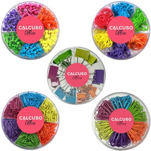 CALCUSO Büromaterial Komplettpaket: Farbig sortierte Büroklammern, große Büroklammern, Gummibänder, Reißnägel, Vielzweckklammern von CALCUSO