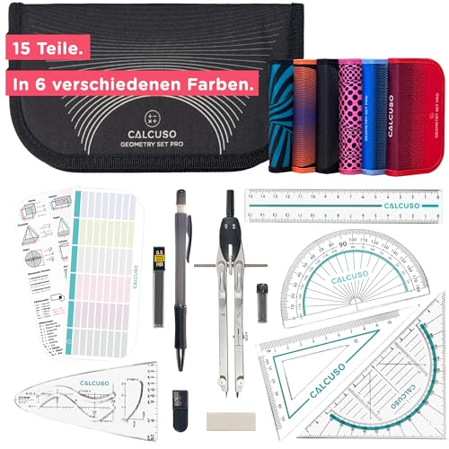 CALCUSO Geometrie Set Pro – 15-teiliges Geodreieck Set mit Zirkel mit Feststellrad, Lineal, Radiergummi und Anspitzer in schwarzer Federmappe – ideal für Schule, Uni, Büro, Zirkel ab 4. Klasse von CALCUSO